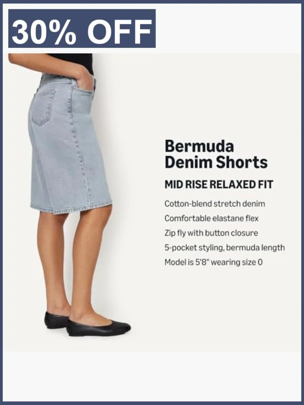 Women's Relaxed-Fit Mid-Rise Long Jean Shorts Bermuda Denim Stretch